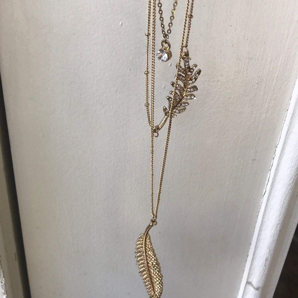 Gold rhinestone feather layering necklace